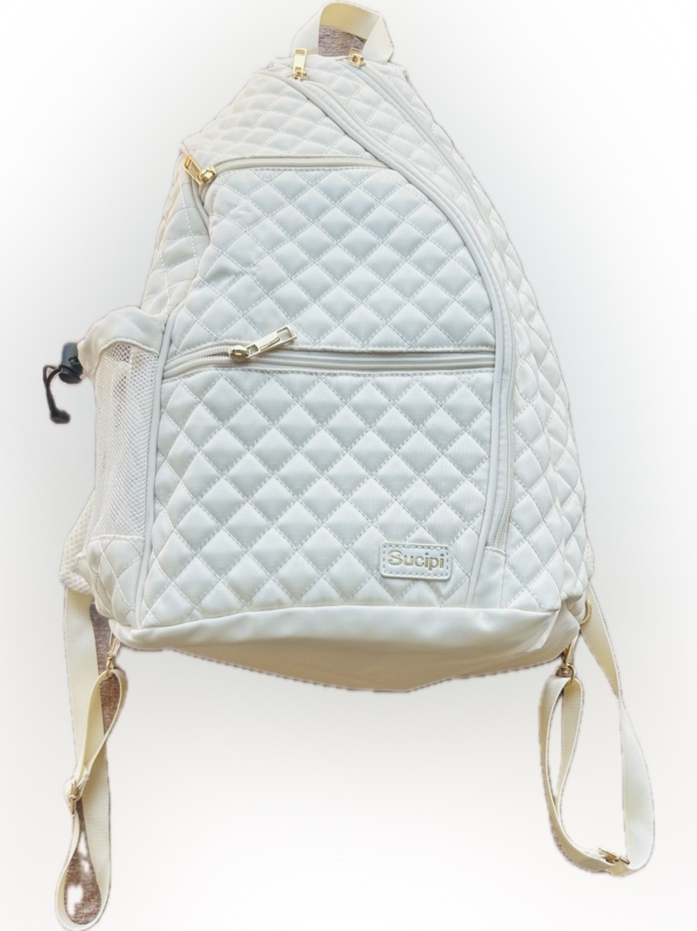 Sucipi Womens Pickleball White Backpack with gold accents.